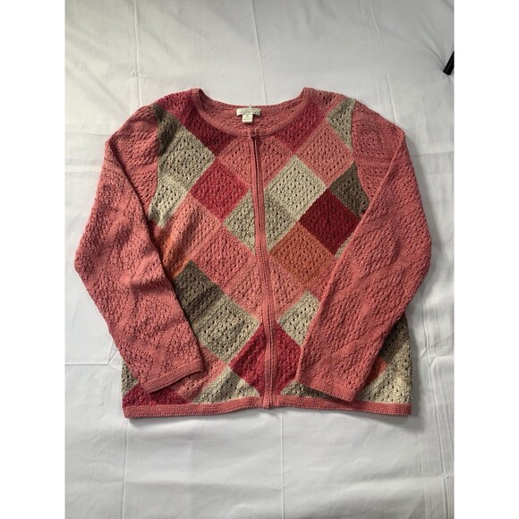 Christopher & Banks Pink Patchwork Knit Sweater Zip Cardigan Medium Fall Winter - Picture 1 of 7